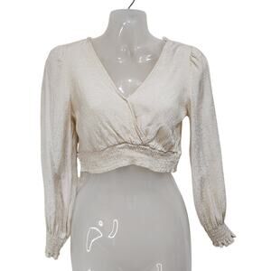 Urban Romantics Cropped Top V-Neck Long Sleeve Jacquard Animal Print White Small